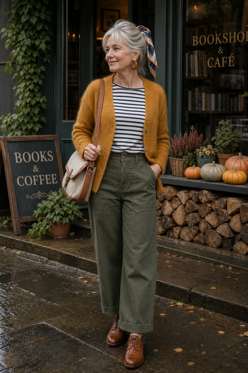 Mustard Cardigan and Olive Trousers A woman wears a mustard cardigan over a striped top with olive cuffed trousers, brown lace-up shoes, a shoulder bag, hoop earrings, and a patterned hair scarf.