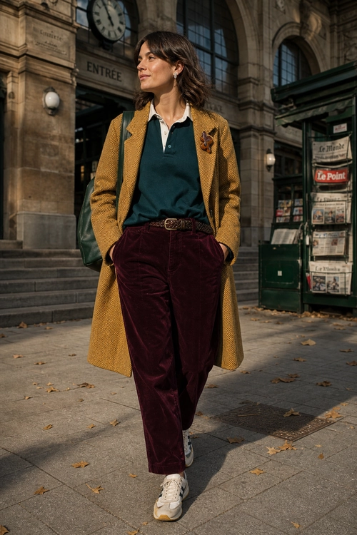 A woman wears a mustard long coat over a dark teal polo shirt with burgundy trousers and white sneakers.