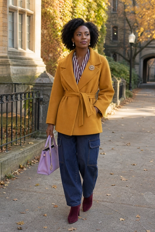 A woman wears a belted mustard coat over a striped top with dark cargo jeans, burgundy ankle boots, and a lavender handbag.
