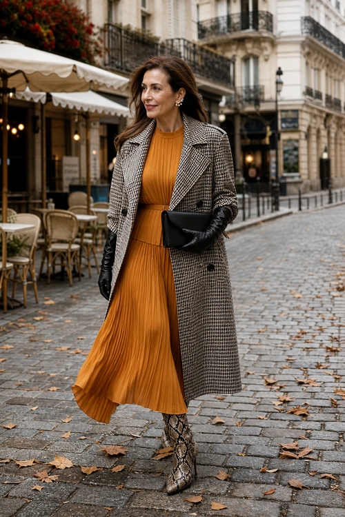 A woman wears a mustard pleated midi dress with a checked long coat, black gloves, a black clutch, and snakeskin ankle boots on a city street.