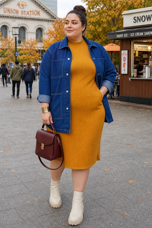 Mustard Dress with Denim Jacket A woman wears a mustard ribbed midi dress with a blue denim jacket, cream ankle boots, and a burgundy handbag.