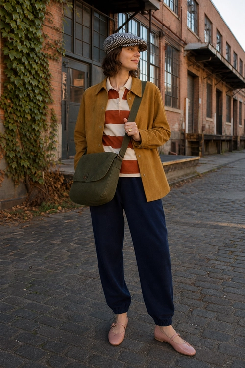 A casual outfit featuring a mustard overshirt, red and cream striped collared shirt, navy jogger trousers, houndstooth cap, olive crossbody bag, and pink loafers.