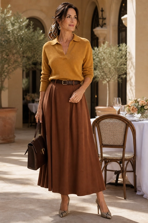 Mustard Knit and Brown Midi Skirt A woman wears a mustard collared knit top with a brown pleated midi skirt, belt, patterned hair scarf, handbag, and pointed heels.