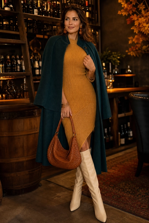 A woman wears a mustard ribbed knit dress with a dark teal cape, cream knee-high boots, and a brown woven handbag.