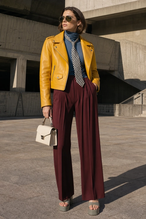 Mustard Leather Jacket with Burgundy Wide-Leg Trousers A woman wears a mustard yellow leather jacket over a navy top and checkered scarf with burgundy wide-leg trousers, platform sandals, sunglasses, and a structured cream handbag.