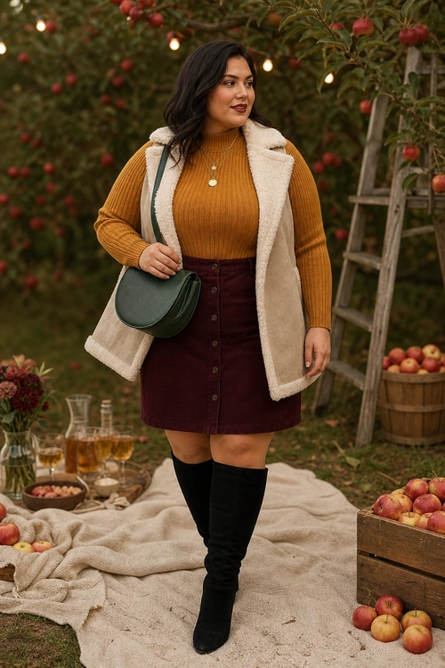 A woman wears a mustard ribbed turtleneck sweater, cream shearling vest, burgundy button-front skirt, black knee-high boots, and a dark green shoulder bag.