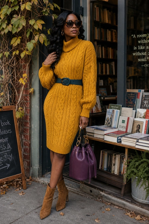 Mustard Sweater Dress Outfit A woman wears a mustard cable-knit turtleneck sweater dress with a dark belt, brown boots, sunglasses, and a purple handbag outside a bookstore.