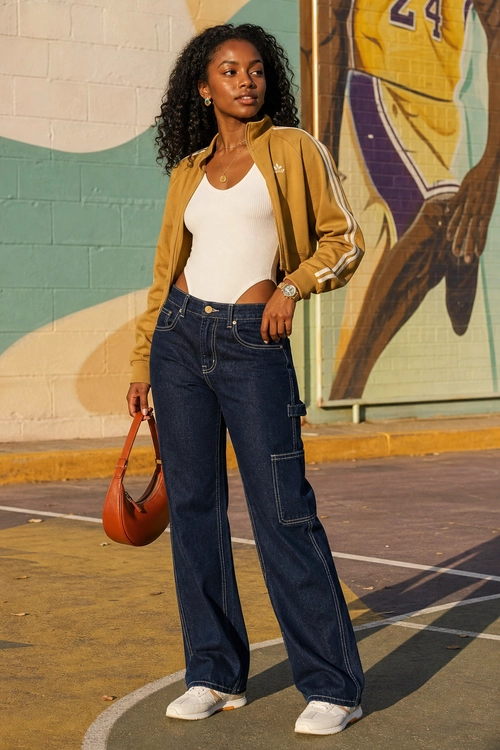 Mustard Track Jacket and Wide-Leg Jeans A woman wears a mustard track jacket over a white top with dark wide-leg cargo jeans, white sneakers, and a brown shoulder bag.