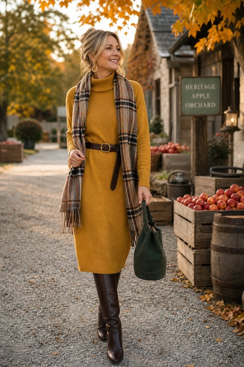 Mustard Sweater Dress with Plaid Scarf Woman wearing a mustard turtleneck sweater dress with a plaid scarf, brown belt, tall brown boots, hoop earrings, and a dark green handbag.