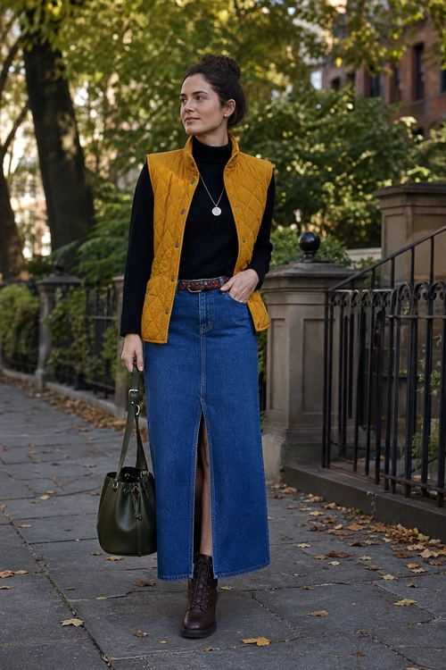 Mustard Vest and Denim Skirt Outfit A woman wears a mustard quilted vest over a black turtleneck with a blue denim midi skirt, brown ankle boots, and a dark handbag.