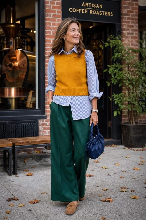 A woman wears a mustard sleeveless sweater over a blue striped button-down shirt with green wide-leg trousers, tan loafers, and a navy drawstring bag.