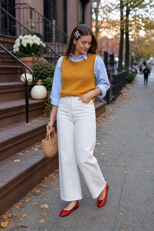 Mustard Vest and White Jeans A woman wears a mustard sweater vest over a light blue button-down shirt with white wide-leg jeans, red flats, and a woven handbag.