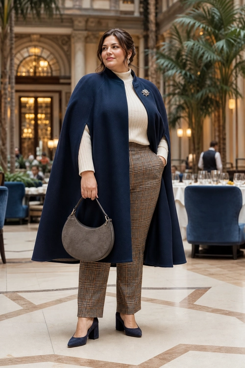 A woman wears a navy cape coat over a cream turtleneck sweater with brown plaid trousers, navy heels, a gray handbag, and a brooch.