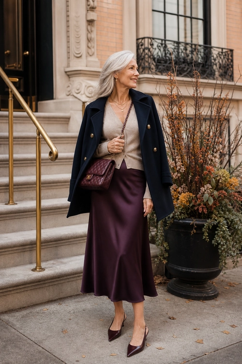 Navy Coat and Burgundy Midi Skirt A woman wears a navy coat over a beige knit top with a burgundy satin midi skirt, matching slingback heels, and a quilted shoulder bag.