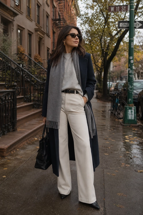 A woman wears a long navy coat, gray scarf, light gray sweater, cream wide-leg trousers, black belt, black shoes, sunglasses, and carries a black bag on a city sidewalk.