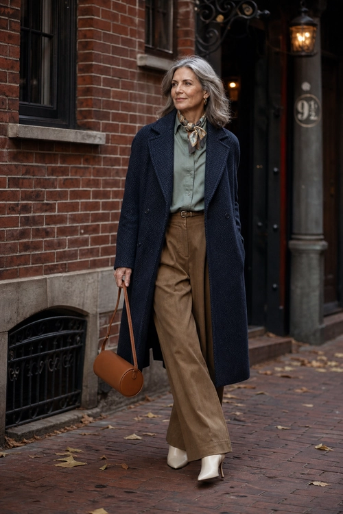 A woman wears a long navy coat with a sage button-up shirt, patterned neck scarf, tan wide-leg trousers, a cognac shoulder bag, and white pointed boots.