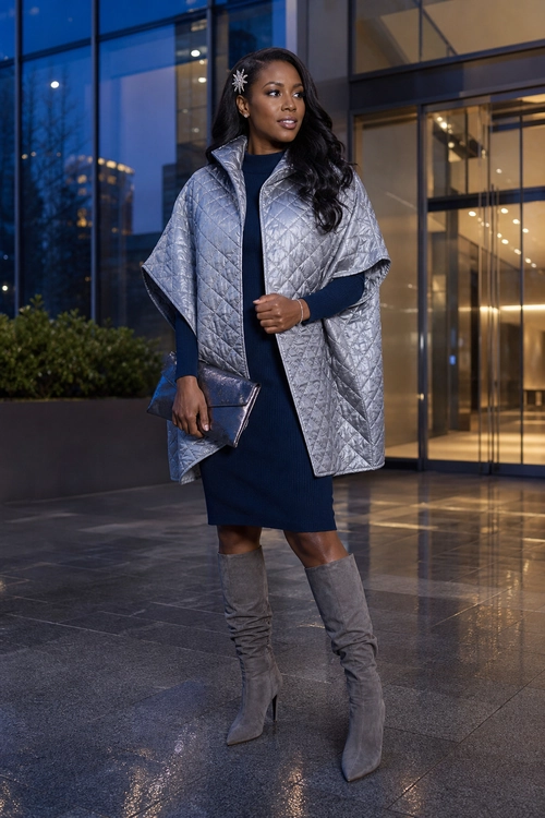 Navy Dress with Silver Quilted Cape Woman wearing a navy knee-length dress, silver quilted cape, gray over-the-knee boots, and carrying a matching clutch.