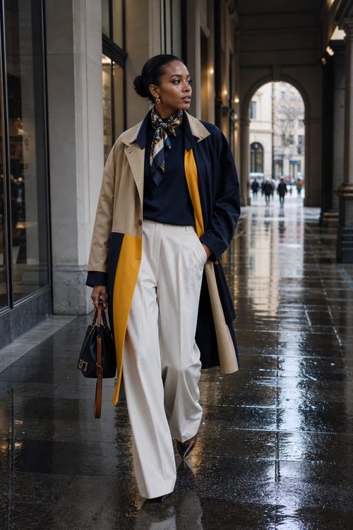 Navy and Mustard Color-Block Trench Look A woman wears a navy and beige color-block trench coat with a patterned neck scarf, white wide-leg trousers, and a black handbag.