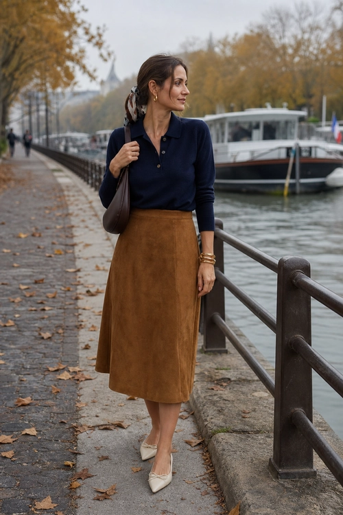 Navy Polo and Suede Midi Skirt Woman wearing a navy long-sleeve polo with a camel midi skirt, cream pointed flats, and a brown shoulder bag by the riverside.