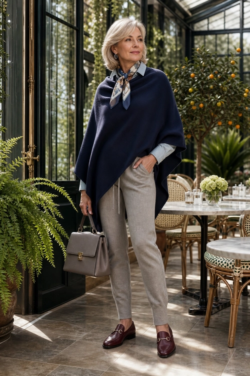 A woman wears a navy poncho over a light blue shirt with beige trousers, a patterned neck scarf, burgundy loafers, and a taupe handbag.