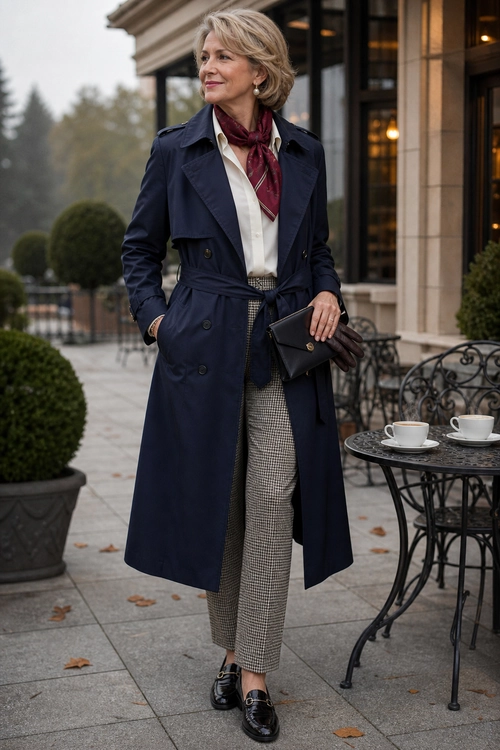 Navy Trench Coat Outfit A woman wears a navy trench coat over a white blouse, burgundy neck scarf, check trousers, black loafers, and a black clutch.