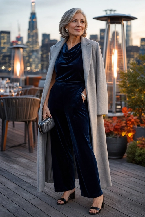 Navy Velvet Evening Outfit A woman wears a navy velvet wide-leg jumpsuit with a light gray long coat, black heeled sandals, and a silver clutch.