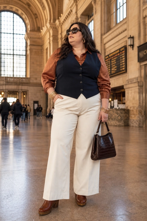 Polished Vest and Wide-Leg Trousers A woman wears a navy button-front vest over a brown satin blouse with cream wide-leg trousers, brown platform shoes, sunglasses, gold jewelry, and a dark structured handbag.