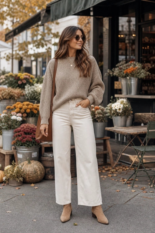 Neutral Fall Sweater Outfit A woman wears a beige knit sweater with cream wide-leg jeans, tan ankle boots, round sunglasses, a delicate necklace, and a brown shoulder strap.