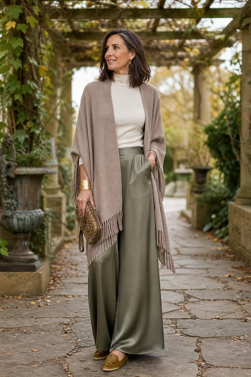 Neutral Fringe Wrap Outfit Woman wearing a taupe fringed wrap over a cream turtleneck with sage wide-leg trousers, gold shoes, a cuff bracelet, and a small embellished clutch.