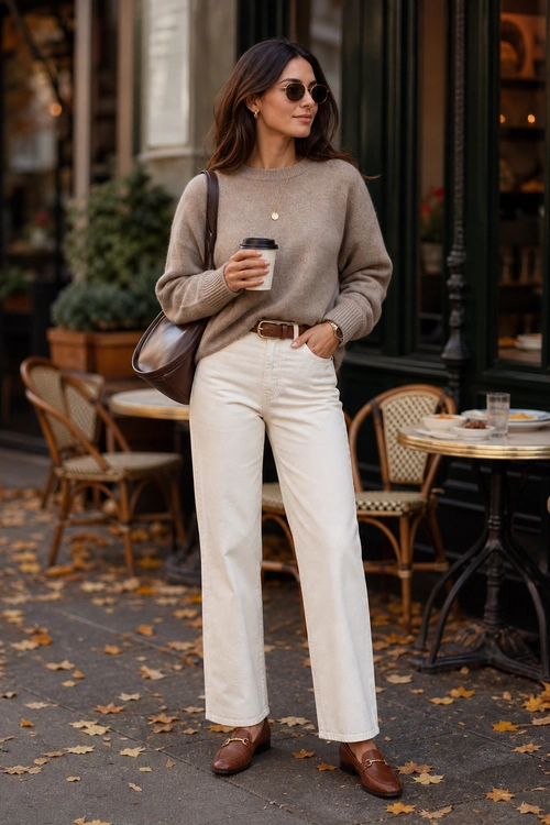 A woman wears a taupe sweater with white straight-leg jeans, brown loafers, a brown shoulder bag, sunglasses, and gold jewelry.