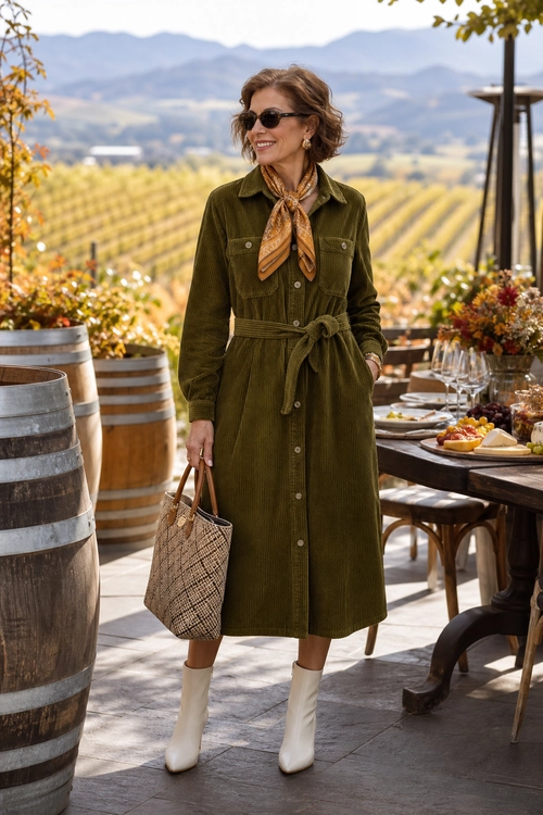 Olive Shirtdress Outfit A woman wears an olive green belted button-front shirtdress with a patterned neck scarf, sunglasses, a woven tote, and white ankle boots.