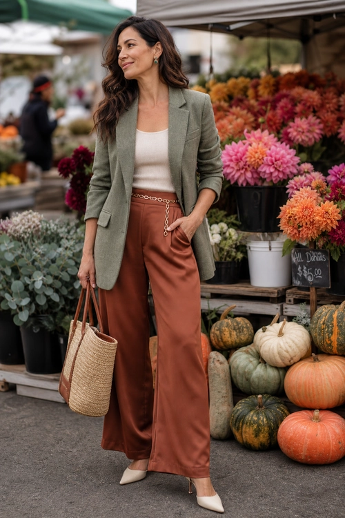 Woman wearing an olive blazer, cream top, rust wide-leg trousers, pointed heels, a chain belt, and a woven tote.