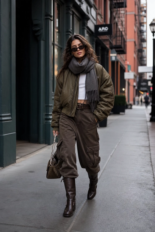 Urban Olive Bomber Outfit Street-style outfit featuring an olive bomber jacket, gray scarf, white cropped top, brown cargo pants, dark boots, sunglasses, and a brown handbag.