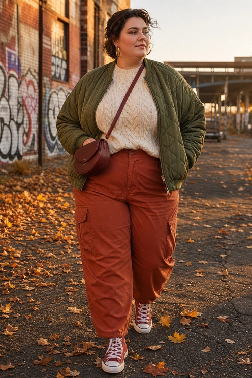 Olive Bomber Jacket with Rust Cargo Pants A casual outfit featuring an olive quilted bomber jacket, cream cable-knit sweater, rust cargo pants, burgundy crossbody bag, and burgundy high-top sneakers.