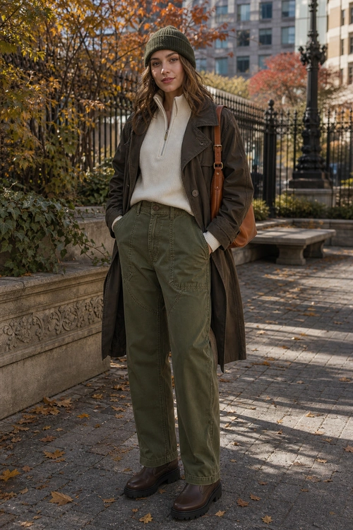 A woman wears an olive beanie, cream quarter-zip sweater, dark brown long coat, olive trousers, brown shoulder bag, and dark brown ankle boots outdoors.