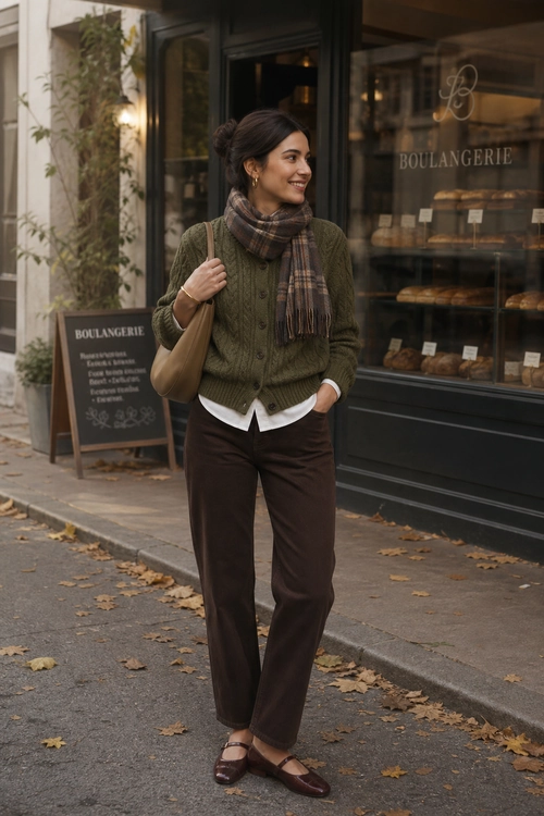 A woman wears an olive cable-knit cardigan with a plaid scarf, white shirt, brown trousers, brown Mary Jane flats, and a tan shoulder bag.