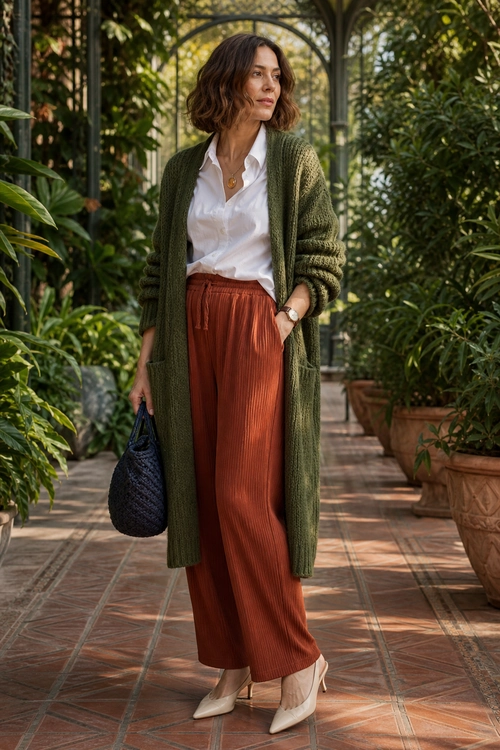 Olive Cardigan and Rust Trousers Outfit A woman wears an olive green long cardigan over a white blouse with rust wide-leg trousers, cream pointed heels, and a black handbag.