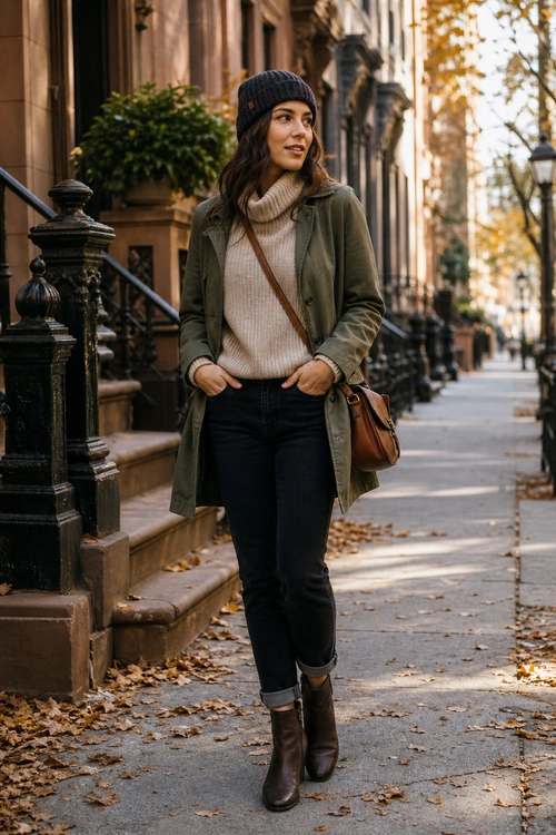 Olive Coat and Knit Sweater Outfit A woman wears an olive coat over a cream turtleneck sweater with dark cuffed jeans, brown boots, a brown crossbody bag, and a dark knit beanie.