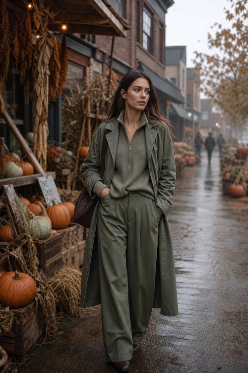 Woman wearing an olive green trench coat, zip-neck sweater, wide-leg trousers, dark boots, and a brown shoulder bag on a city street.