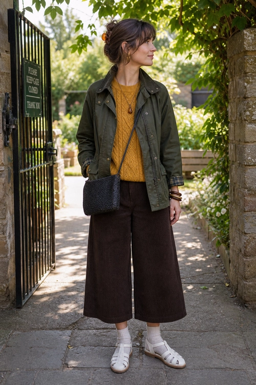 A woman wears an olive green jacket over a mustard cable-knit sweater with cropped brown wide-leg trousers, white socks, white sandals, and a black crossbody bag.
