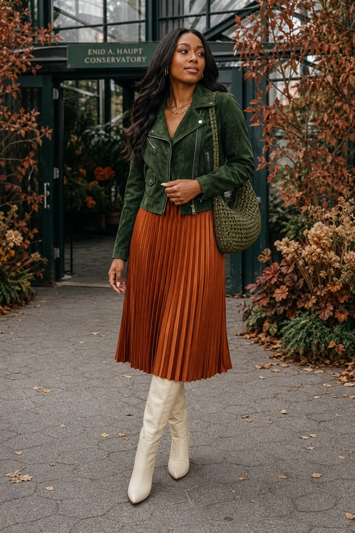 Olive Jacket and Rust Pleated Skirt A woman wears an olive green leather jacket with a rust pleated midi skirt, cream knee-high boots, and a woven shoulder bag.