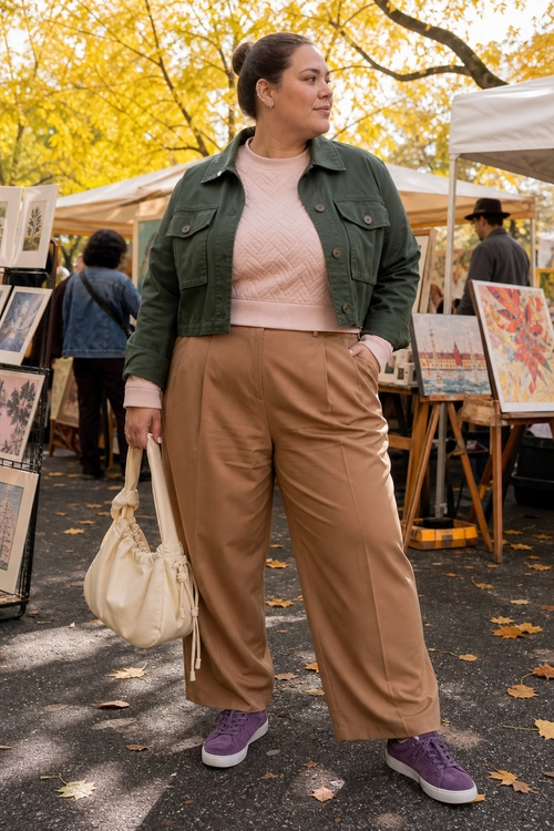 Olive Jacket and Wide-Leg Trousers Outfit A casual outfit featuring an olive utility jacket, pale pink sweater, tan wide-leg trousers, purple sneakers, and a cream ruched shoulder bag.