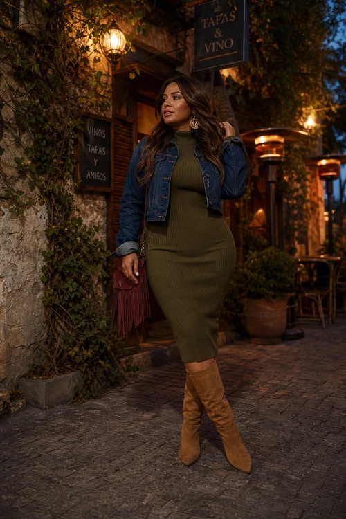 Olive Knit Dress and Denim Jacket A woman wears an olive ribbed turtleneck midi dress with a cropped denim jacket, tan knee-high boots, statement earrings, and a burgundy fringe bag.