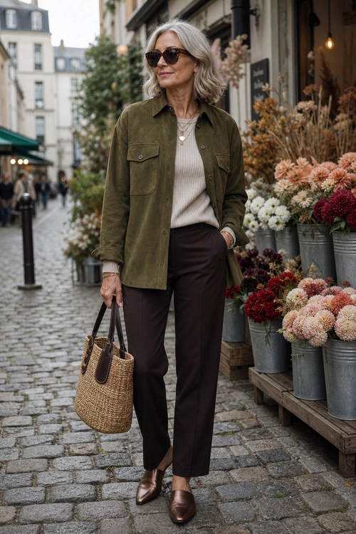 Olive Overshirt and Brown Trousers A woman wears an olive overshirt over a cream knit top with dark brown trousers, brown loafers, sunglasses, and a woven tote bag.