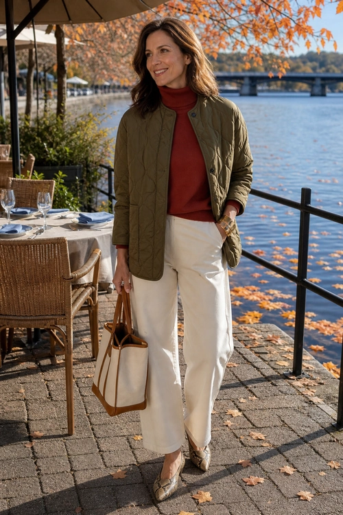 Olive Quilted Jacket Outfit A woman wears an olive quilted jacket over a rust turtleneck with cream wide-leg pants, pointed flats, and a cream tote bag.