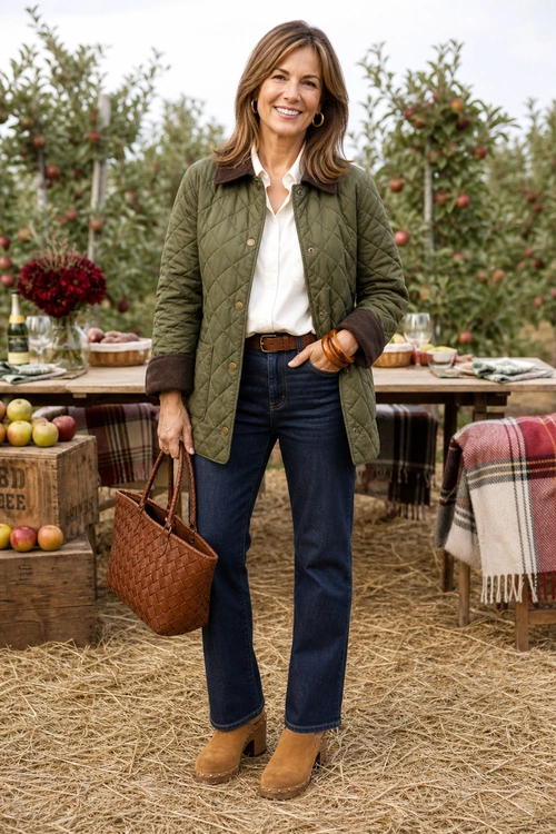 Quilted Jacket and Denim A woman wears an olive quilted jacket over a white button-down shirt with dark jeans, tan ankle boots, a brown belt, and a woven tote.
