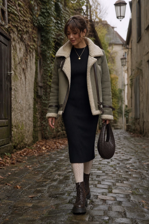 Olive Shearling Jacket and Black Midi Dress A woman wears an olive shearling jacket over a black ribbed midi dress with patterned socks, brown lace-up boots, a dark handbag, and a pendant necklace.