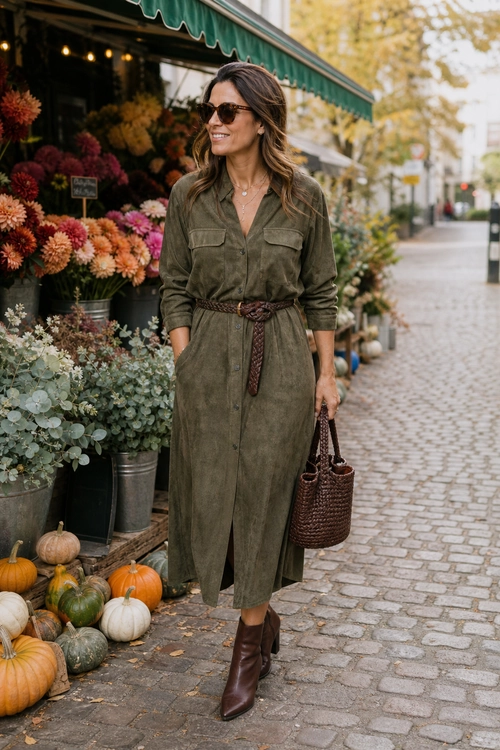 Olive Shirt Dress Outfit Woman wearing an olive green belted shirt dress with brown ankle boots, sunglasses, and a woven handbag.