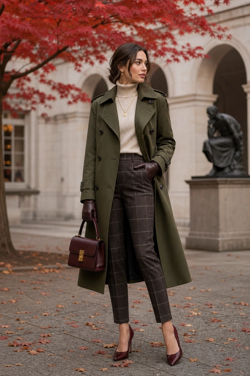 Olive Trench and Plaid Trousers Woman wearing an olive trench coat, cream turtleneck sweater, plaid trousers, burgundy gloves, handbag, and pointed heels.