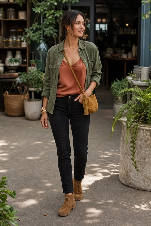 Olive Utility Shirt and Black Jeans Outfit Casual outfit featuring an olive utility shirt over a rust camisole, black jeans, tan ankle boots, and a woven crossbody bag.